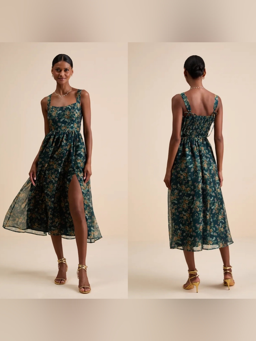 Lulu's Francesca Dark Teal Green Floral Midi Cocktail Dress Small S